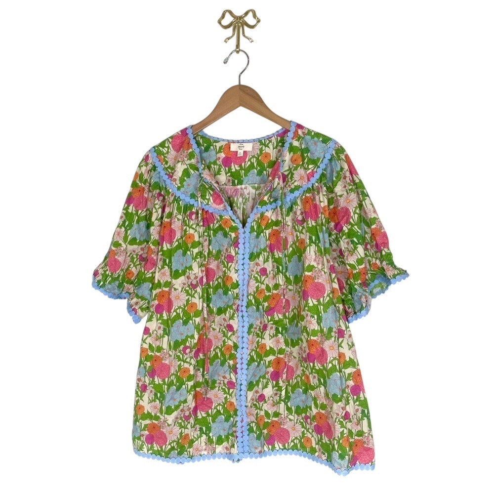 Entro Floral Pom Pom Trim Babydoll Blouse Top Womens 2X Multi Color Boho Split V - Picture 2 of 4